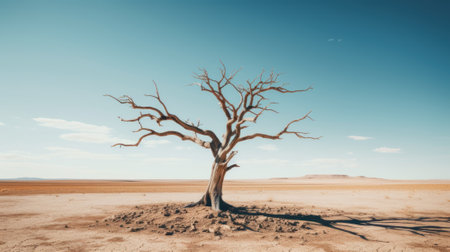 A bare tree in the middle of the desert. Generative AI image.の素材