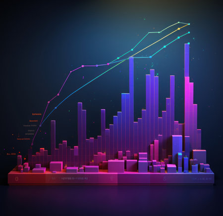 A colorful graphic of a city with a rising bar chart. Generative AI image.の素材