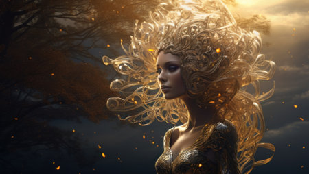 A woman in a golden dress standing in front of a tree. Generative AI image.の素材