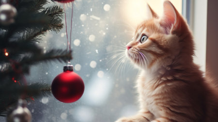 A cat sitting in front of a christmas tree. Generative AI image.の素材
