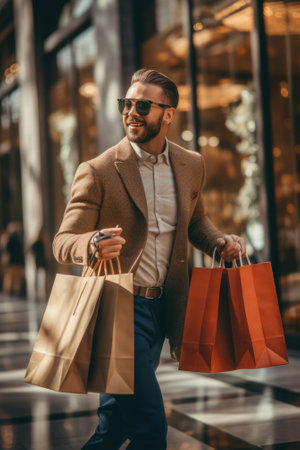 A man walking down a street holding shopping bags. Generative AI image.の素材