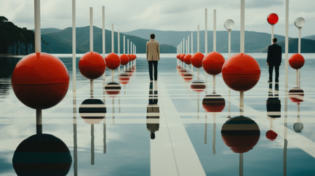 Photo for A man standing in front of a number of red and white buoys. Generative AI image. - Royalty Free Image