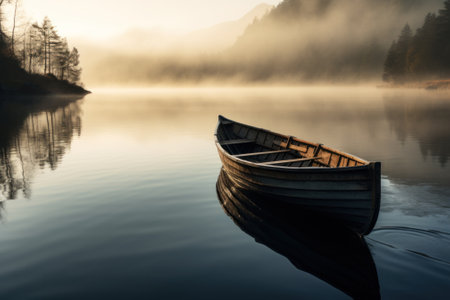A small boat floating on top of a lake. Generative AI image.の素材