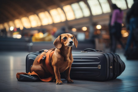 A dog sitting next to a piece of luggage. Generative AI image.の素材
