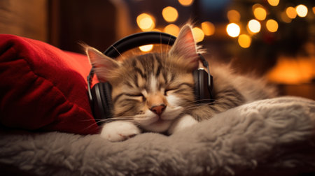 A cat laying on top of a pillow with headphones on. Generative AI image.の素材