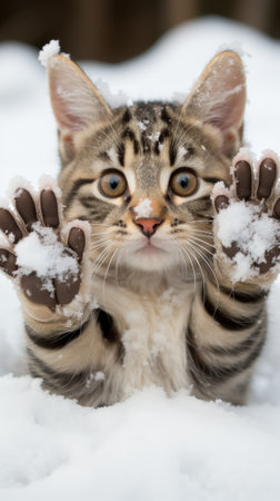 A cat is playing in the snow with its paws. Generative AI image.の素材