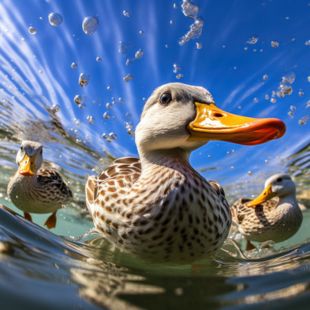 A group of ducks swimming in the water. Generative AI image.の素材