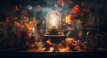 A table with a candle and a bunch of flowers. Generative AI image.の素材