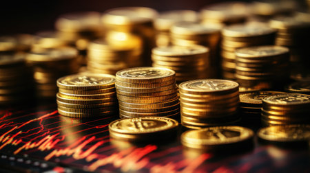 A pile of gold coins sitting on top of a computer keyboard. Generative AI image.の素材