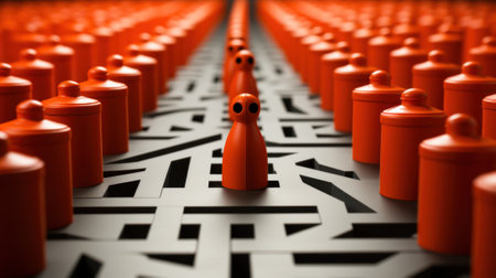 A group of orange plastic objects sitting on top of a black and white floor. Generative AI image.の素材