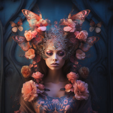 A woman in a dress with flowers and butterflies on her head. Generative AI image.の素材