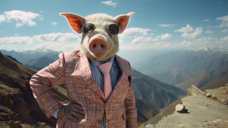 A pig wearing a suit and tie standing in front of a mountain. Generative AI image.の素材