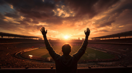 A man with his hands up in the air. Generative AI image.の素材