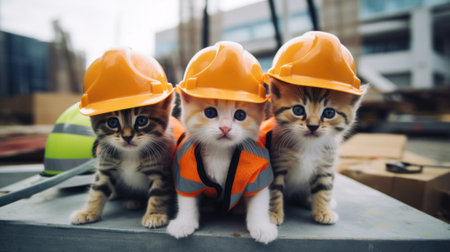 Three kittens wearing hard hats on a construction site. Generative AI image.の素材