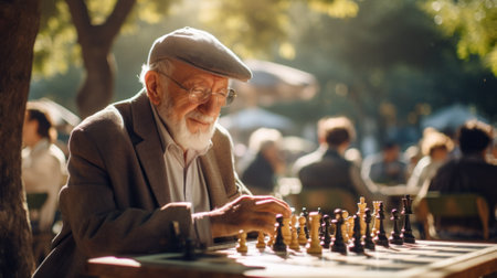 An old man playing a game of chess. Generative AI image.の素材
