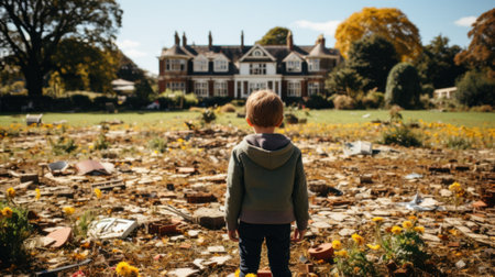 A young boy standing in front of a large house. Generative AI image.の素材