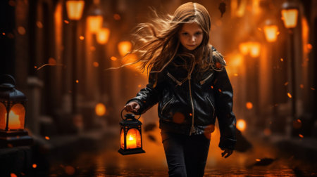 A woman walking down a street holding a lantern. Generative AI image.の素材