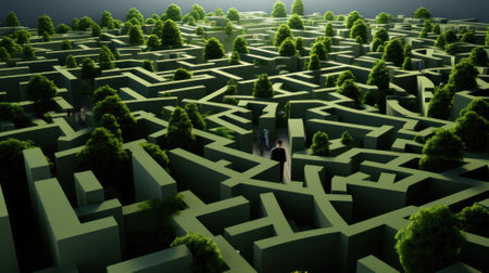 A man in a maze surrounded by trees. Generative AI image.の素材