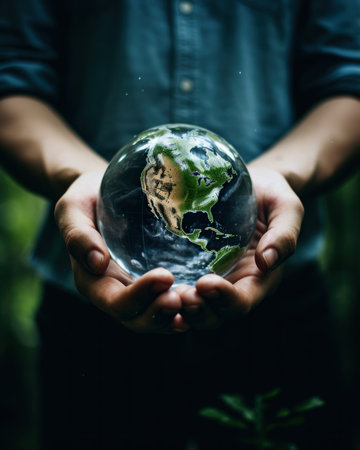 A person holding a glass ball with a map of the world in it. Generative AI image.の素材