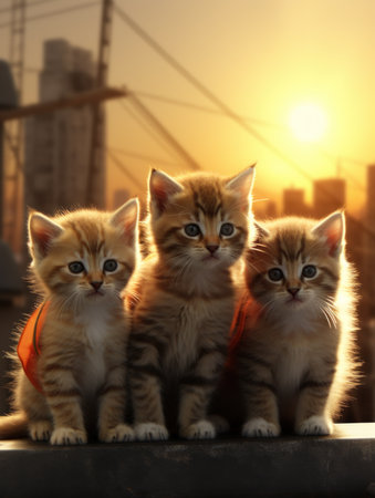 A group of kittens sitting on top of a railing. Generative AI image.の素材