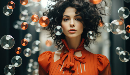 A woman in an orange dress standing in front of bubbles. Generative AI image.の素材