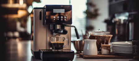 A coffee machine sitting on top of a counter. Generative AI image.の素材