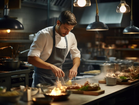 A man in an apron preparing food in a kitchen. Generative AI image.の素材