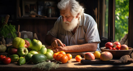 A man sitting at a table with a bowl of fruit and vegetables. Generative AI image.の素材