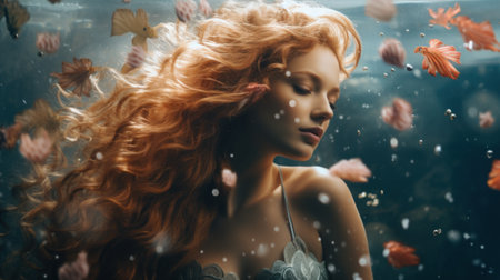 A woman with long red hair standing under water. Generative AI image.の素材