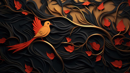 A bird sitting on a branch of a tree with red leaves. Generative AI image.の素材