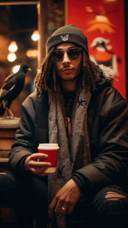 A man with dreadlocks holding a cup of coffee. Generative AI image.の素材