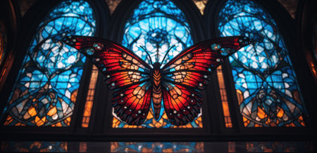 A red butterfly sitting in front of a stained glass window. Generative AI image.の素材