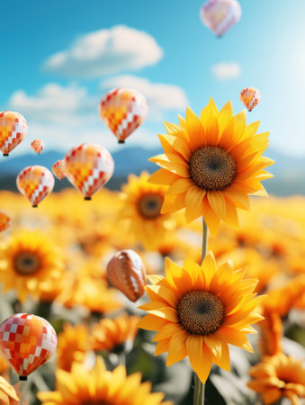 A field of sunflowers with hot air balloons in the sky. Generative AI image.の素材