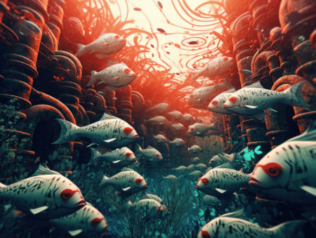A large group of fish swimming in the ocean. Generative AI image.の素材