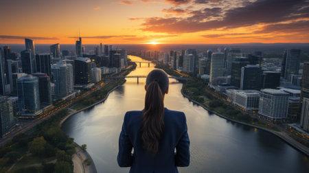 A woman looking out over a city at sunset. Generative AI image.の素材