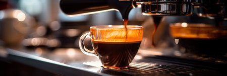 A cup of coffee being poured into a coffee machine. Generative AI image.の素材