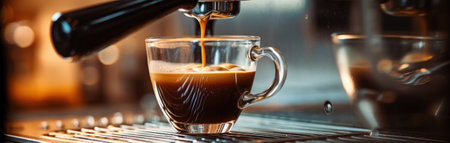 A cup of coffee being poured into a glass. Generative AI image.の素材