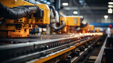 A machine is cutting metal with sparks in a factory. Generative AI image.の素材