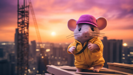 A mouse in a yellow jacket and a pink hat. Generative AI image.の素材