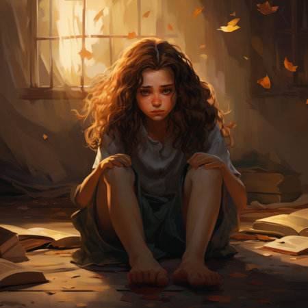 A painting of a girl sitting on the floor in front of a window. Generative AI image.の素材