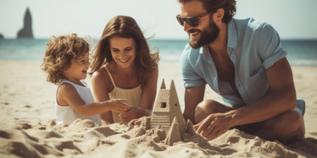 A man and a woman are building a sand castle on the beach. Generative AI image.の素材