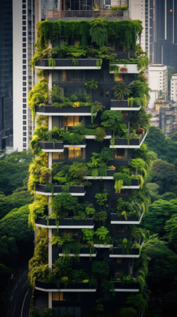 A tall building with lots of plants growing on top of it. Generative AI image.の素材