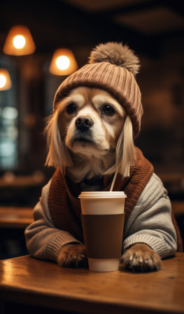 A small dog wearing a hat and sweater sitting at a table with a cup of coffee. Generative AI image.の素材