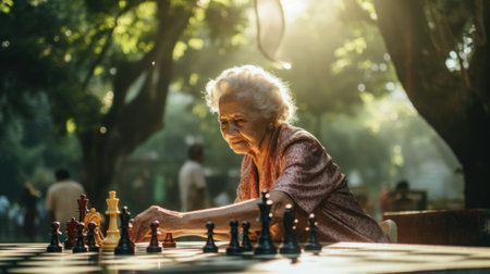 An elderly woman playing a game of chess. Generative AI image.の素材
