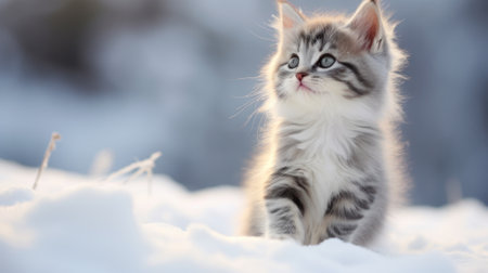 A kitten sitting in the snow looking up. Generative AI image.の素材