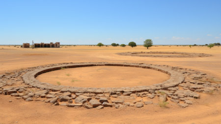 A circular stone structure in the middle of a desert. Generative AI image.の素材