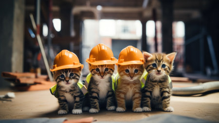 A group of kittens wearing hard hats on a construction site. Generative AI image.の素材
