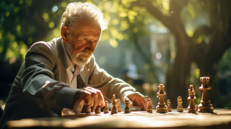 An old man playing a game of chess. Generative AI image.の素材
