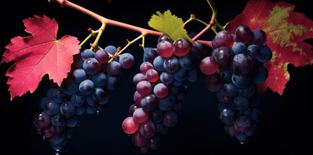 A bunch of grapes hanging from a vine. Generative AI image.の素材