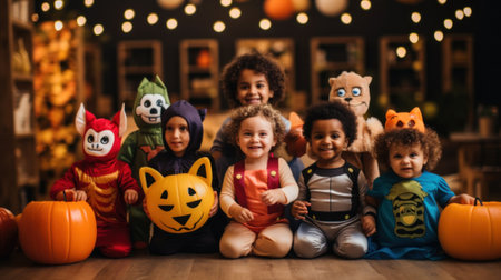 A group of children dressed up in halloween costumes. Generative AI image.の素材